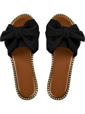 Women's Black Bow Knot Slides Open Toe Solid Slip On Casual Flat Sandal Shoes